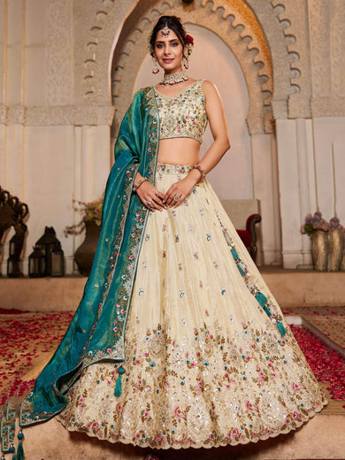 Alluring Cream Tissue Sequins Work Engagement Wear Lehenga Choli
